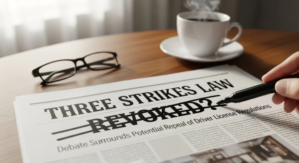is three strikes in driver license laws will be revoked
