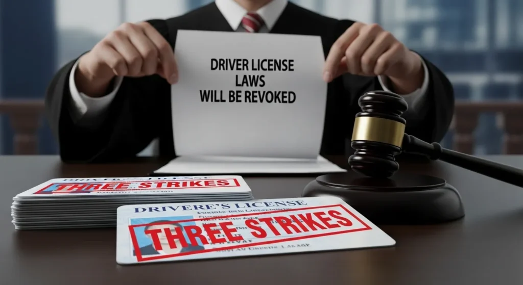 is three strikes in driver license laws will be revoked