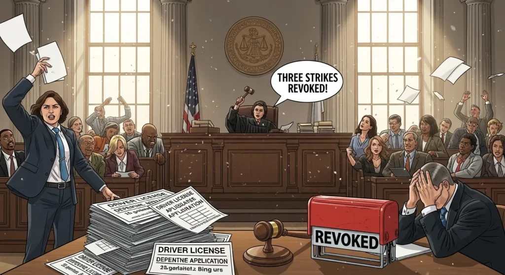 is three strikes in driver license laws will be revoked